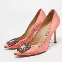 Pre Owned Manolo Blahnik Pink Satin Hangisi Pumps Size 37.5
