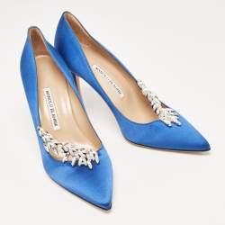 Pre Owned Manolo Blahnik Blue Satin Nadira Pumps Size 39.5
