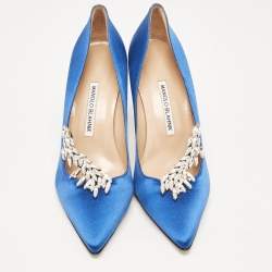Pre Owned Manolo Blahnik Blue Satin Nadira Pumps Size 39.5