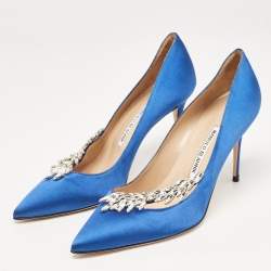 Pre Owned Manolo Blahnik Blue Satin Nadira Pumps Size 39.5