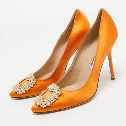 Manolo Blahnik Orange Satin Hangisi Pumps Size 39