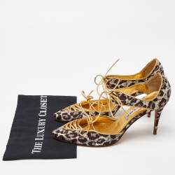 Manolo Blahnik Multicolor Brown/Gold Brocade Fabric and Leather Lace Up Pointed Toe Pumps Size 40