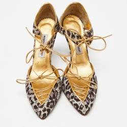 Manolo Blahnik Multicolor Brown/Gold Brocade Fabric and Leather Lace Up Pointed Toe Pumps Size 40