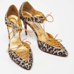 Manolo Blahnik Multicolor Brown/Gold Brocade Fabric and Leather Lace Up Pointed Toe Pumps Size 40