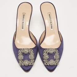 Pre Owned Manolo Blahnik Navy Blue Satin Hangisimu Mules Size 36.5