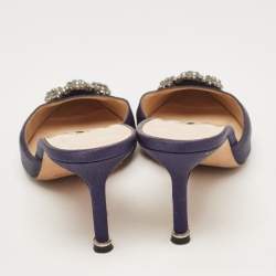 Pre Owned Manolo Blahnik Navy Blue Satin Hangisimu Mules Size 36.5