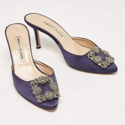 Pre Owned Manolo Blahnik Navy Blue Satin Hangisimu Mules Size 36.5