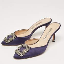 Pre Owned Manolo Blahnik Navy Blue Satin Hangisimu Mules Size 36.5