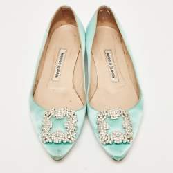 Manolo Blahnik Turquoise Satin Hangisi Ballet Flats Size 37