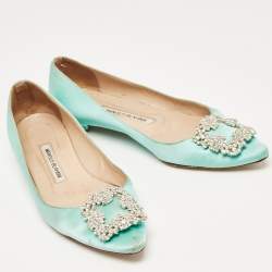 Manolo Blahnik Turquoise Satin Hangisi Ballet Flats Size 37