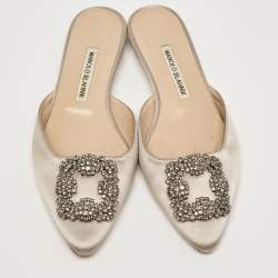 Manolo Blahnik Grey Satin Hangisi Flat Mules Size 37.5