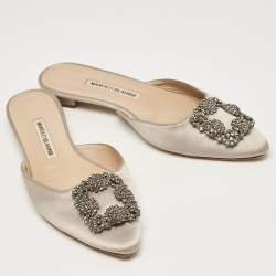 Manolo Blahnik Grey Satin Hangisi Flat Mules Size 37.5