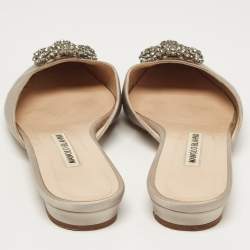 Manolo Blahnik Grey Satin Hangisi Flat Mules Size 37.5