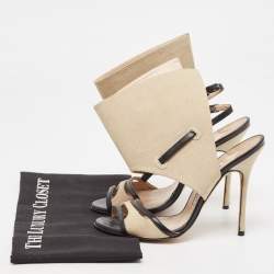 Manolo Blahnik Beige/Black Canvas and Leather Ankle Strap Sandals Size 37.5