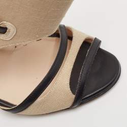 Manolo Blahnik Beige/Black Canvas and Leather Ankle Strap Sandals Size 37.5
