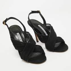 Pre Owned Manolo Blahnik Black Mesh and Leather Slingback Sandals Size 37