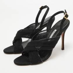 Pre Owned Manolo Blahnik Black Mesh and Leather Slingback Sandals Size 37