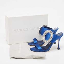 Pre Owned Manolo Blahnik Blue Satin Fibiona Embellished Slide Sandals Size 39.5