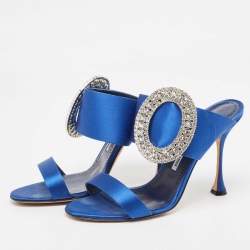 Pre Owned Manolo Blahnik Blue Satin Fibiona Embellished Slide Sandals Size 39.5