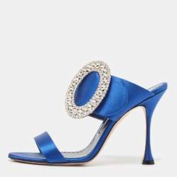 Pre Owned Manolo Blahnik Blue Satin Fibiona Embellished Slide Sandals Size 39.5