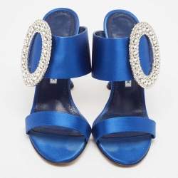 Pre Owned Manolo Blahnik Blue Satin Fibiona Embellished Slide Sandals Size 39.5