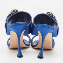 Pre Owned Manolo Blahnik Blue Satin Fibiona Embellished Slide Sandals Size 39.5