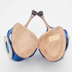 Pre Owned Manolo Blahnik Blue Satin Fibiona Embellished Slide Sandals Size 39.5
