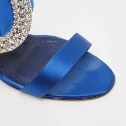Pre Owned Manolo Blahnik Blue Satin Fibiona Embellished Slide Sandals Size 39.5