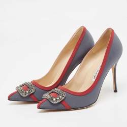 Pre Owned Manolo Blahnik Grey Satin and Canvas Gotrian Pumps Size 39