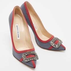 Pre Owned Manolo Blahnik Grey Satin and Canvas Gotrian Pumps Size 39