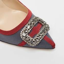 Pre Owned Manolo Blahnik Grey Satin and Canvas Gotrian Pumps Size 39