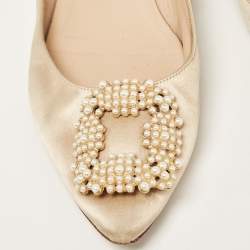 Pre Owned Manolo Blahnik Gold Satin Hangisi Ballet Flats Size 38.5