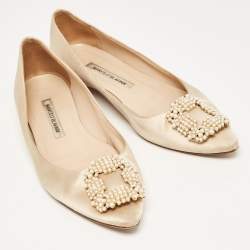 Pre Owned Manolo Blahnik Gold Satin Hangisi Ballet Flats Size 38.5