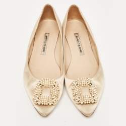 Pre Owned Manolo Blahnik Gold Satin Hangisi Ballet Flats Size 38.5