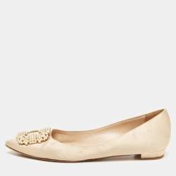 Pre Owned Manolo Blahnik Gold Satin Hangisi Ballet Flats Size 38.5