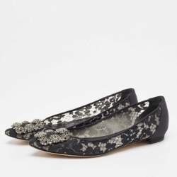 Pre Owned Manolo Blahnik Black Lace Hangisi Ballet Flats Size 37.5