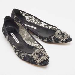 Pre Owned Manolo Blahnik Black Lace Hangisi Ballet Flats Size 37.5