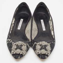 Pre Owned Manolo Blahnik Black Lace Hangisi Ballet Flats Size 37.5