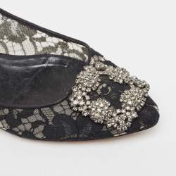 Pre Owned Manolo Blahnik Black Lace Hangisi Ballet Flats Size 37.5