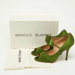 Pre Owned Manolo Blahnik Green Satin Mary Jane Peep Toe Pumps Size 37.5