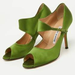 Pre Owned Manolo Blahnik Green Satin Mary Jane Peep Toe Pumps Size 37.5
