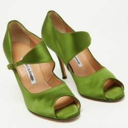 Pre Owned Manolo Blahnik Green Satin Mary Jane Peep Toe Pumps Size 37.5