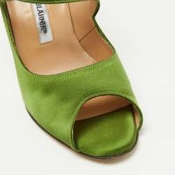 Pre Owned Manolo Blahnik Green Satin Mary Jane Peep Toe Pumps Size 37.5