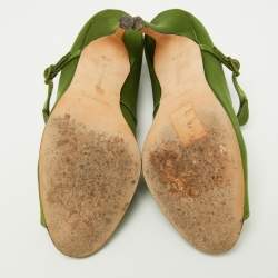 Pre Owned Manolo Blahnik Green Satin Mary Jane Peep Toe Pumps Size 37.5