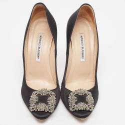 Pre Owned Manolo Blahnik Black Satin Hangisi Pumps Size 38.5
