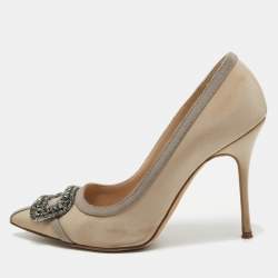 Manolo Blahnik Cream Fabric and Canvas Hangisi Pumps Size 37.5