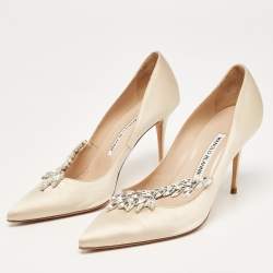 Pre Owned Manolo Blahnik Beige Satin Nadira Pumps Size 39