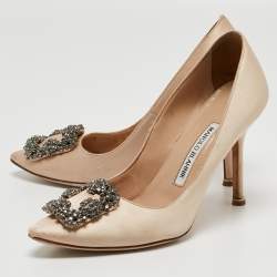 Pre Owned Manolo Blahnik Beige Satin Hangisi Pumps Size 36