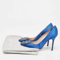 Pre Owned Manolo Blahnik Blue Satin Hangisi Pumps Size 38