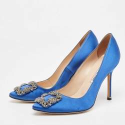 Pre Owned Manolo Blahnik Blue Satin Hangisi Pumps Size 38